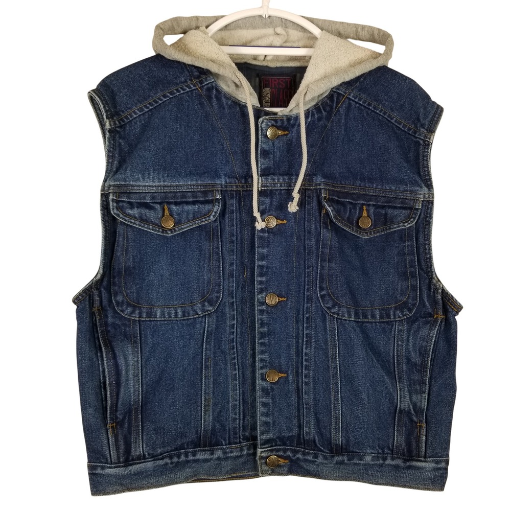 Vintage Gitano First Class‎ Mens Denim Vest Blue Hooded Trucker Jacket Large